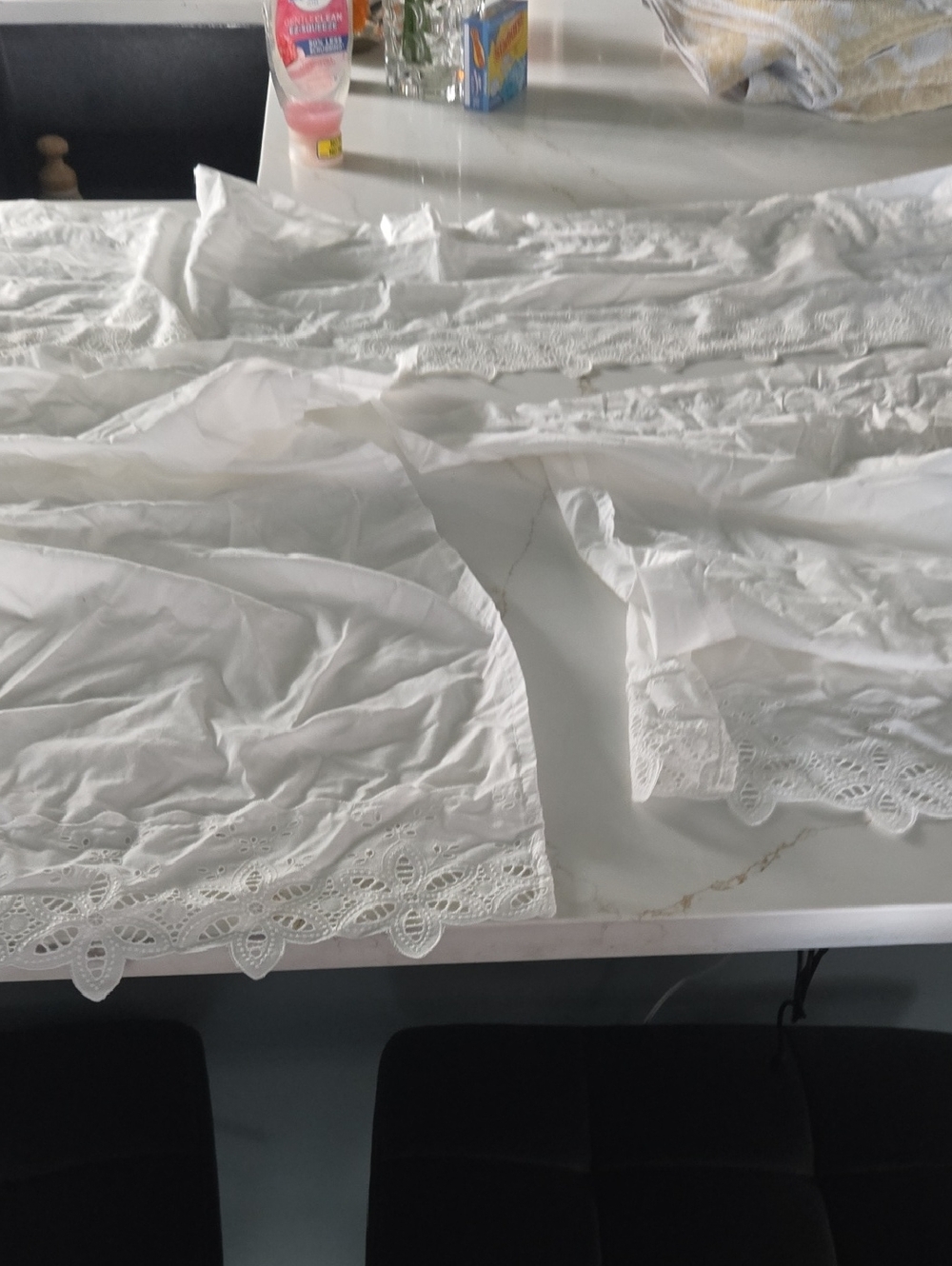 White Eyelet Lace Trim Kitchen Curtains . Top Valance And 2 Panels
